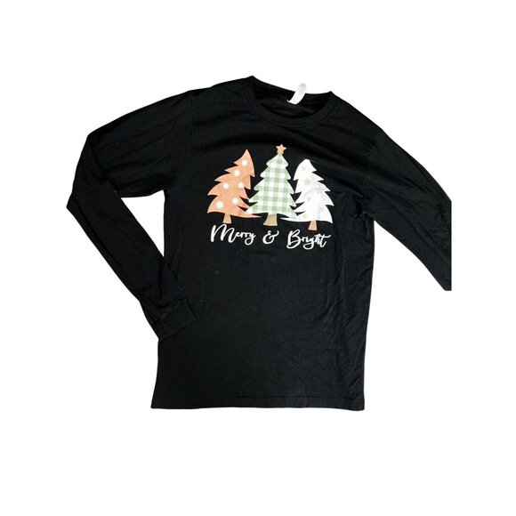 Merry & Bright Black Long Sleeve Holiday T-Shirt Medium NWOT Christmas - Picture 1 of 3